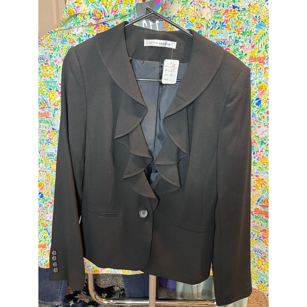 113 Peter Nygard Black Ruffle Front‎ Blazer Single Button Jacket Size 6 32187473
